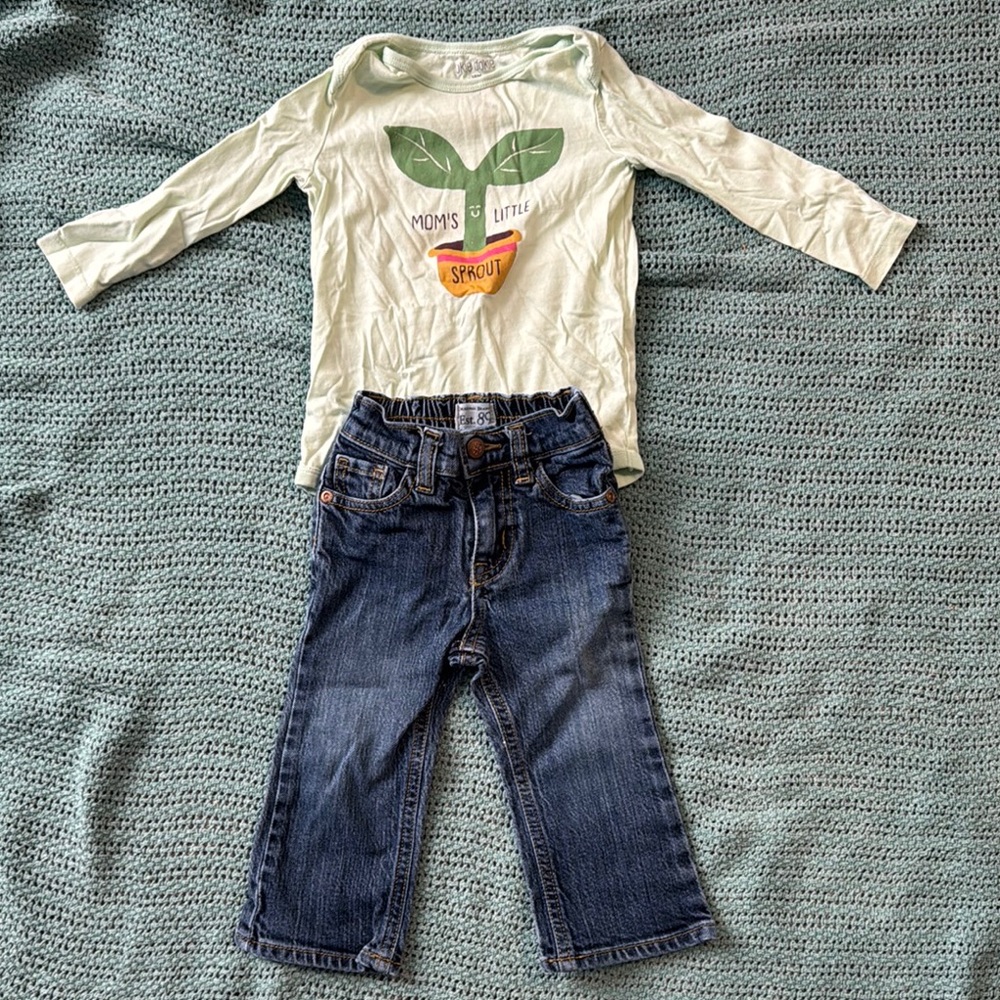 5/$25 18 Month Mom's Little Sprout Green Top and Blue Jeans Set